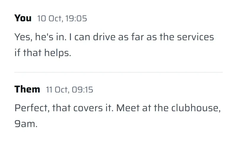 A message thread between a parent and the manager about a lift to the match