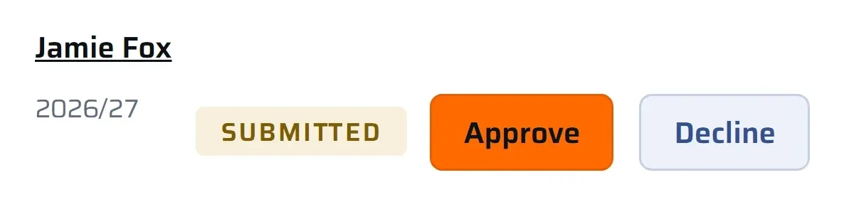 The first registration: Jamie Fox, submitted, with Approve and Decline buttons